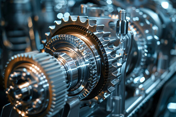 Fototapeta premium Close-up of shiny silver metallic engine gears