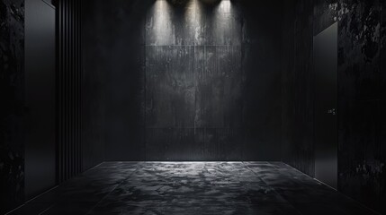 A dramatic black background with subtle, textured patterns that add depth and dimension, illuminated by a single spotlight that creates a striking contrast and a sense of elegance and sophistication