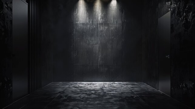 A dramatic black background with subtle, textured patterns that add depth and dimension, illuminated by a single spotlight that creates a striking contrast and a sense of elegance and sophistication