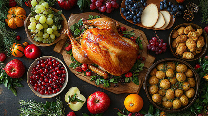 High-quality image of a Thanksgiving feast, featuring a variety of dishes and autumnal decorations, ideal for social media