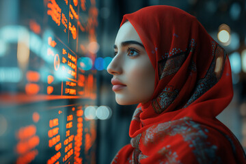 Asian Muslim woman IT specialist analyzing data information technology