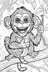 Cute cartoon character monkey and banana fruit for coloring page for children. Monochrome version