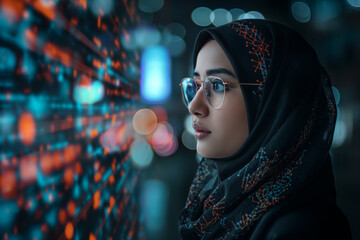 Asian Muslim woman IT specialist analyzing data information technology