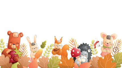 Childrens animals background. A bear, rabbit, squirrel, hedgehog, and mouse surrounded by leaves, branches, mushrooms.