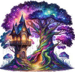 Fototapeta premium A colorful tree with a house on top of it. The house has a window and a door. The tree is surrounded by other trees and has a path leading to it. The sky is filled with stars