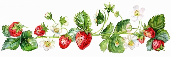 Watercolor vector drawing of strawberry fruit plant leaf over white background