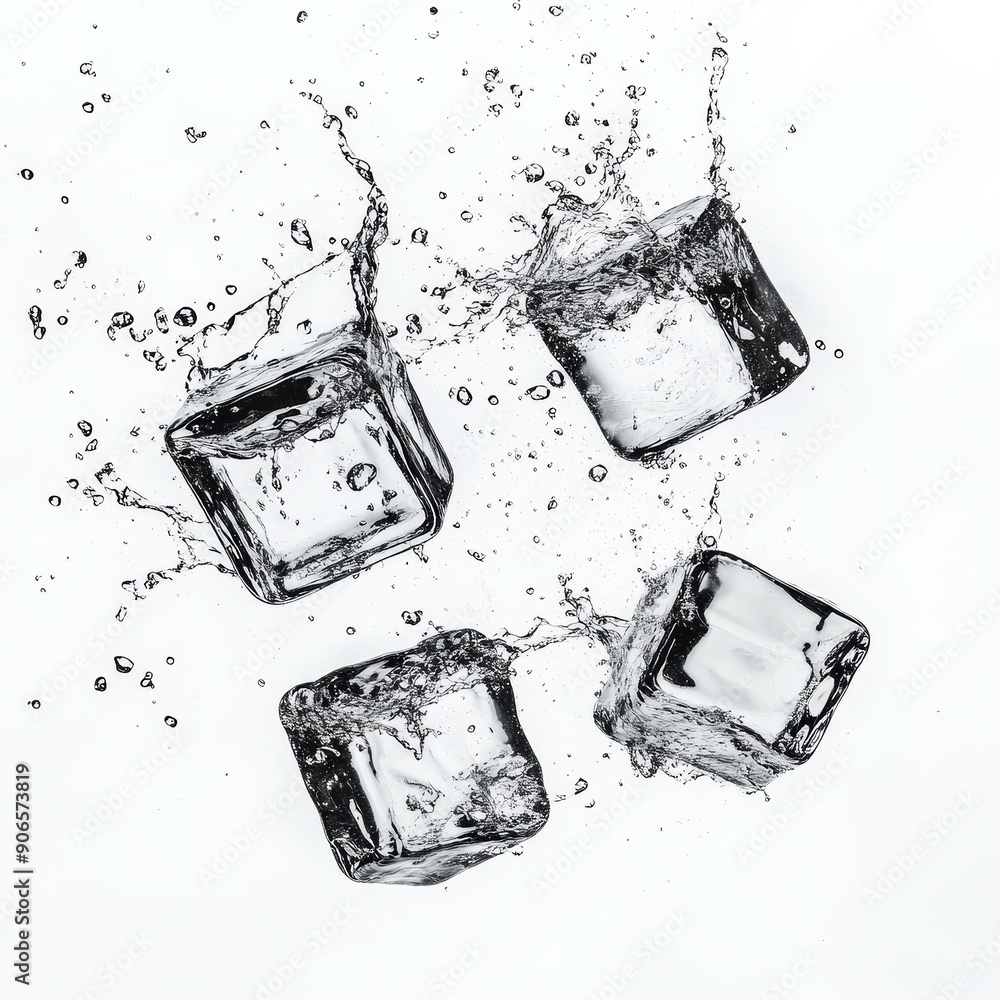Poster the fall of three ice cubes on a white background with splashes