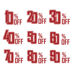 A set of flat red numbers at a discount. Collection of discount tags. 10%, 20%, 30%, 40%, 50%, 60%, 70%, 80%, 90%, percentage - vector illustration.