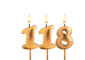 Golden candle number 118 - Birthday on white background