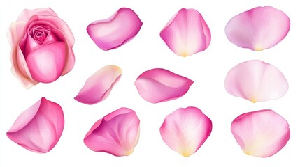 On a transparent background, pink rose petals are isolated.