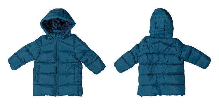 Green emerald blue children's jacket isolated on transparent background. With clipping path. Cut out contour autumn winter spring jacket for child, mockup. Object for advertising, design