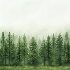 A serene forest scene featuring tall green pine trees shrouded in mist, evoking a sense of calm and natural beauty.