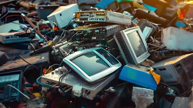 E-waste heap of electronics, computer garbage.