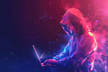 polygonal hacker with laptop, Cyber attack, Computer hacking concept, criminal