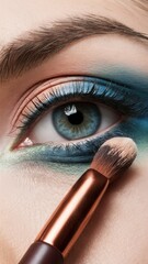 A woman with blue eye makeup and a brush in her hand, AI