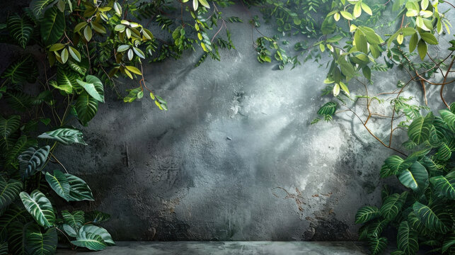 Lush green foliage framing a textured grey wall with a light bea