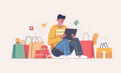 Man Using Tablet for Online Shopping Surrounded by Bags