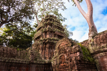 Angkor Thom, ancient temple ruins in Cambodia jungle with tree roots
