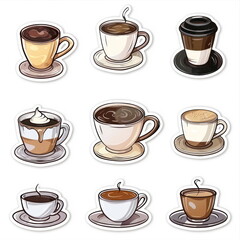 Collection sticker of coffee cup, white background, vector illustration