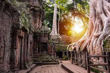 Angkor Thom, ancient temple ruins in Cambodia jungle with tree roots