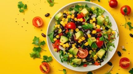 Fresh Mexican Salad with Black Beans, Corn, and Avocado on Yellow Background