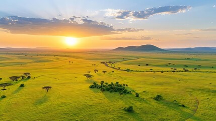 Aerial view of African savanna at sunset, African savanna sunset, stunning golden hour lighting and expansive landscapes