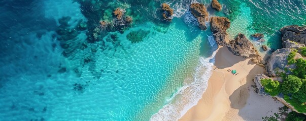 Aerial drone shot of tropical beach coastline with clear turquoise waters, Tropical beach, coastal paradise