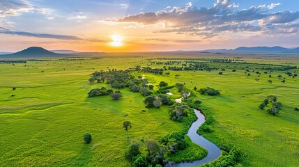 Aerial view of African savanna at sunset, African savanna sunset, stunning golden hour lighting and expansive landscapes