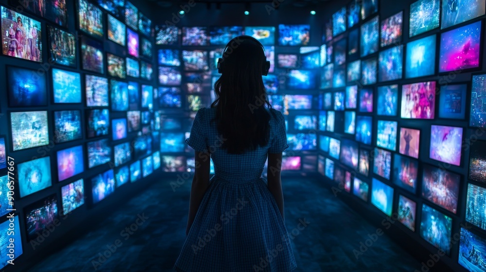 Poster an individual stands staring at an array of images displayed on a video wall while contemplating mul