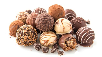 Pile of assorted chocolate truffles, isolated on a pristine white background, showcasing their rich textures and varied shapes