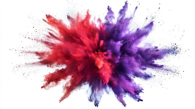 An explosion of color powder on a white background with a bright purple and red hue.