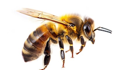 Honey bee in mid-flight, isolated on a clean white background, capturing its wings and detailed features