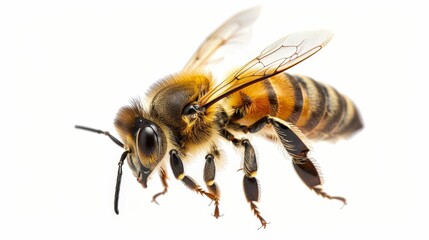 Single honey bee flying in the air, isolated on a pristine white background, highlighting its wings and detailed anatomy