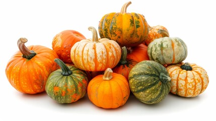 Pile of pumpkins in different sizes, isolated on a pristine white background, showcasing their vibrant colors and textures