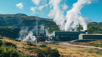 Earthpowered geothermal plant, steam energy production, front view, ecofriendly technology, technology tone, Analogous Color Scheme, copy space for text