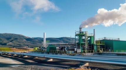 Obraz premium Earthpowered geothermal plant, steam energy production, front view, ecofriendly technology, technology tone, Analogous Color Scheme, copy space for text