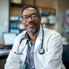 Portrait of confident african american senior man doctor sitting in a medical office, advice and consulting in clinic, therapist, healthcare