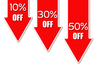 Red arrows with discount percentages, promo banner isolated on transparent background