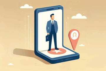 illustration of a businessman with a briefcase standing on a large cellphone, symbolizing digital success and achievement.