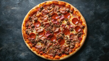 Top view of a meat lovers pizza with an assortment of pepperoni, sausage, bacon, and ham, on a rich tomato sauce base.