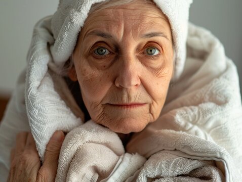 A mature female wrapped in a towel looks directly at the camera - Powered by Adobe