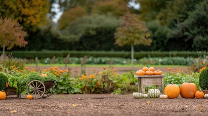 A vibrant display of various pumpkins, gourds, and flowers arranged on a rustic cart embraces the beauty of the fall season in a lush garden setting