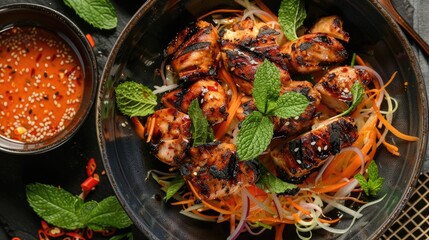 Top view of a papaya salad garnished with mint leaves, served with a side of grilled chicken thighs and a dipping sauce.