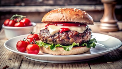 Photo of a burger, on a plate, a fatty piece of meat, a bun, processed cheese, tomato, onion, sauce, greens, on a table decorated with herbs