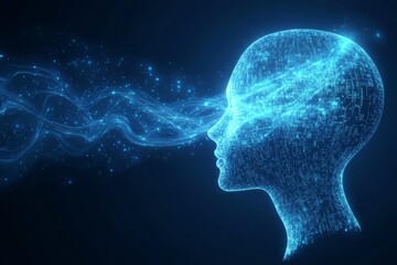 Humanoid head displaying vibrant neon neural network and blue and yellow eyes, depicting futuristic technology.