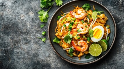 Top view of a plate of Pad Thai with stir-fried rice noodles, eggs, and prawns, garnished with fresh herbs and lime.