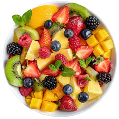 Vibrant bowl of fresh mixed fruit including strawberries, kiwi, mango, blueberries, and raspberries, beautifully arranged.