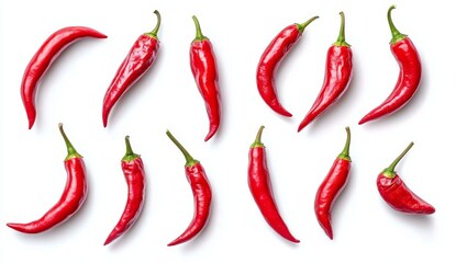 The flying chili peppers are isolated on a transparent background.