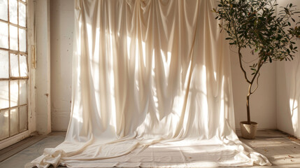 White cloth backdrop with sunlight and plant in a minimalist roo