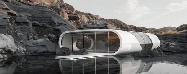 Obraz premium Natural hot springs providing renewable energy, side view, advanced green tech, futuristic tone, black and white, copy space for text